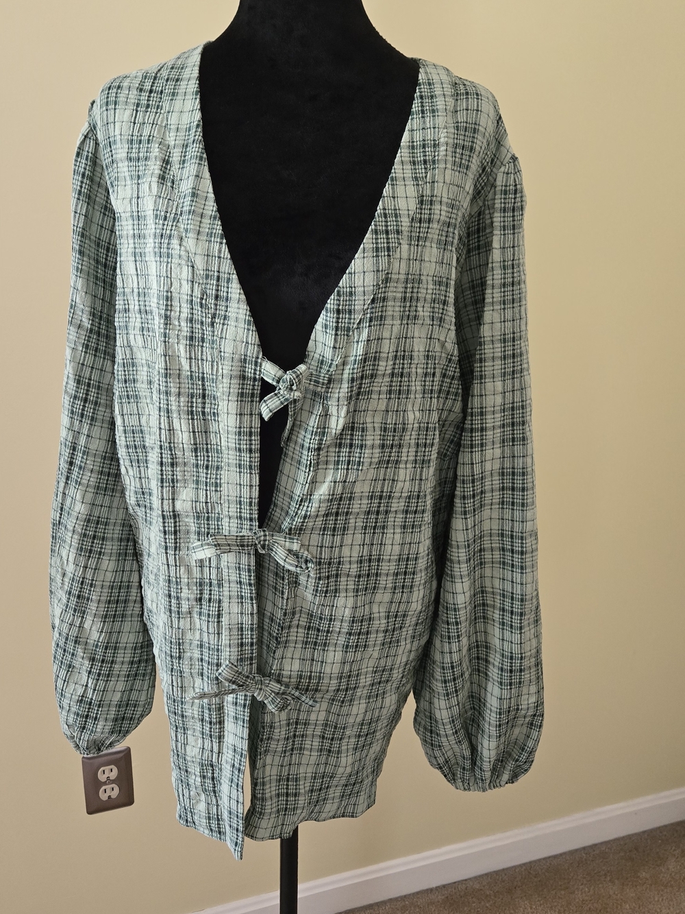 Live Unlimited London Light Mint Green Plaid Tie-Front Blouse